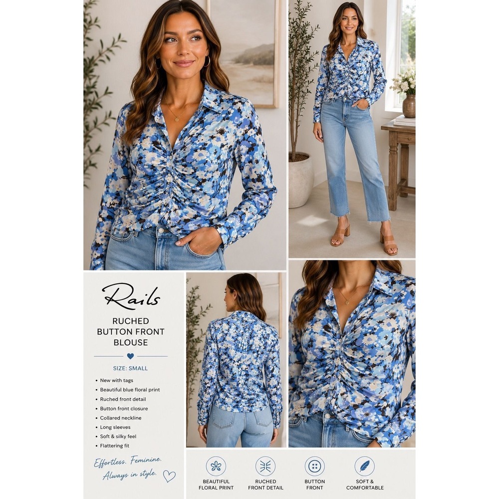 Rails Blue Floral Ruched Button-Front Blouse